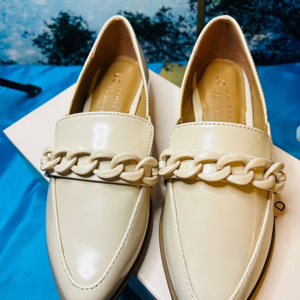 LC Lauren Conrad Ivory Chain-Trim Loafers